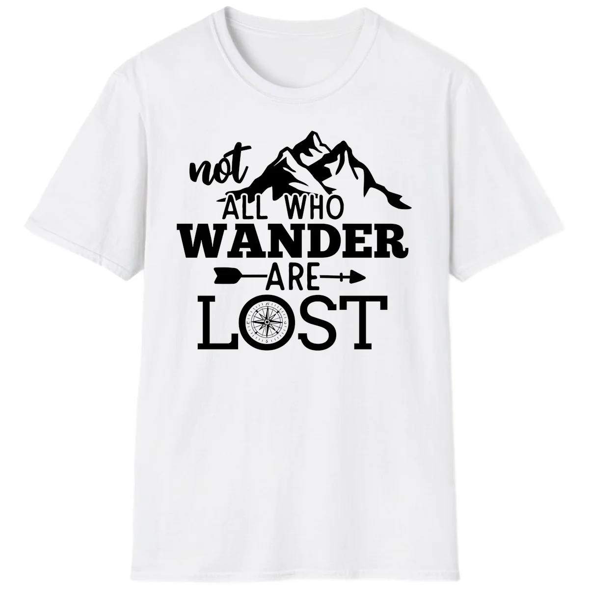 White mountain silhouette with compass rose and arrows, text reads 'not ALL WHO WANDER ARE LOST' on gray background in White