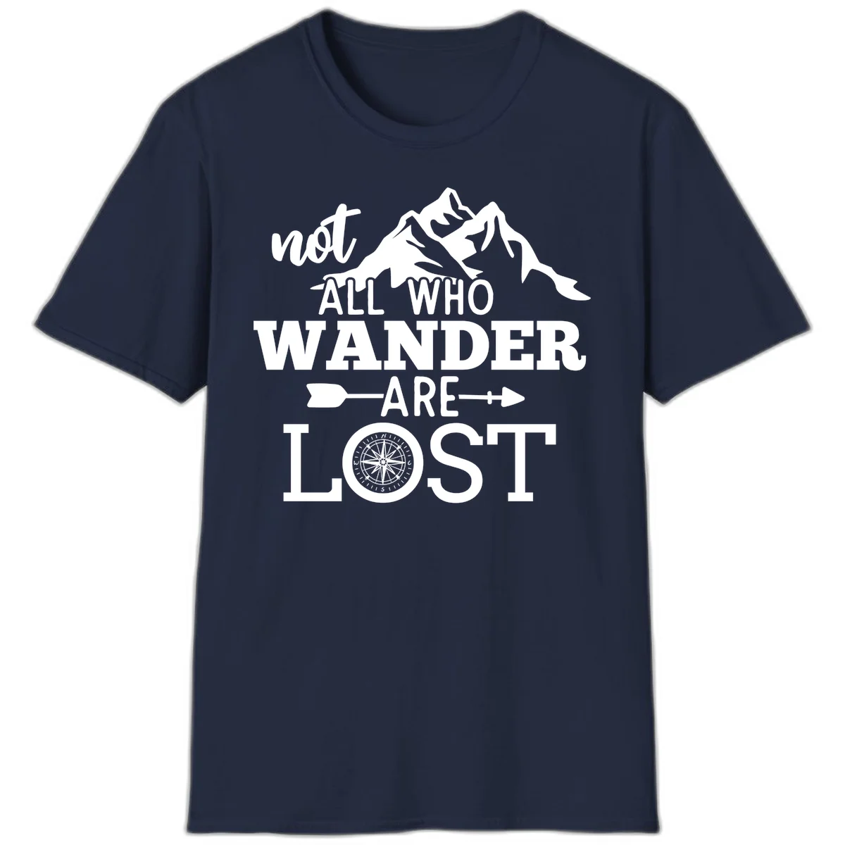 White mountain silhouette with compass rose and arrows, text reads 'not ALL WHO WANDER ARE LOST' on gray background in Navy