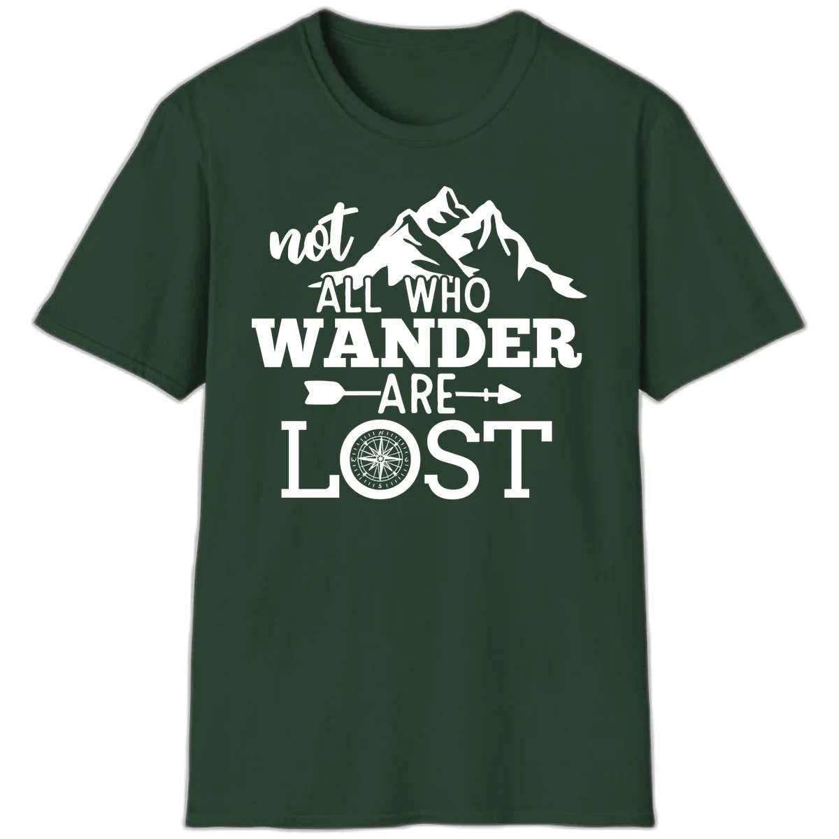 White mountain silhouette with compass rose and arrows, text reads 'not ALL WHO WANDER ARE LOST' on gray background in Forest Green