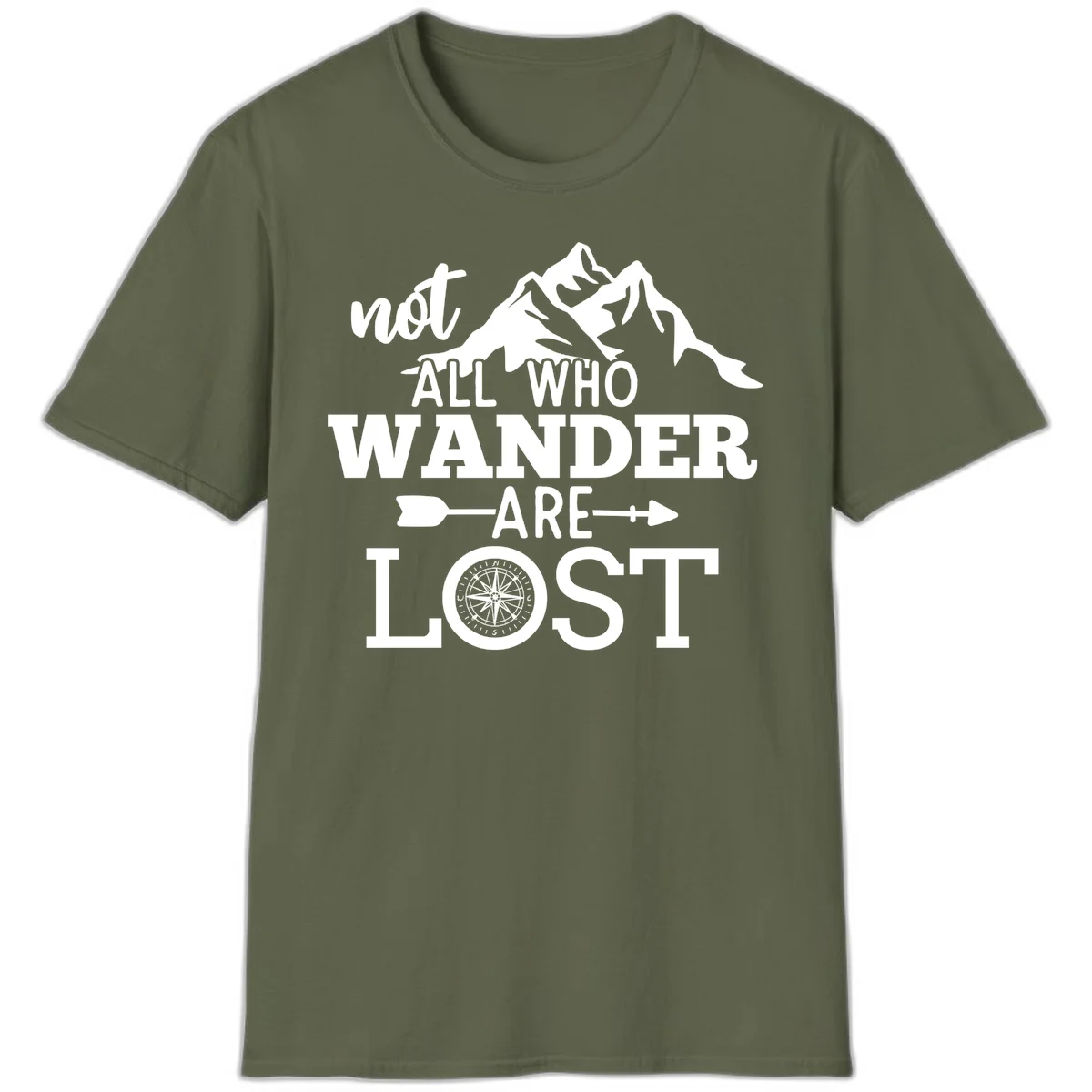 White mountain silhouette with compass rose and arrows, text reads 'not ALL WHO WANDER ARE LOST' on gray background in Military Green