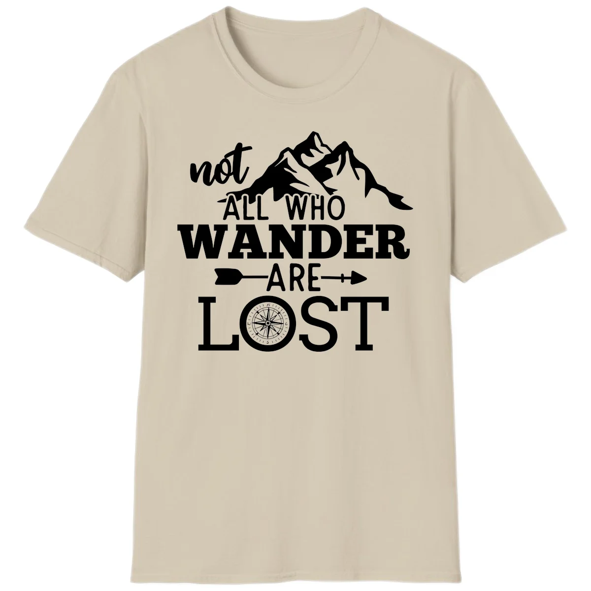 White mountain silhouette with compass rose and arrows, text reads 'not ALL WHO WANDER ARE LOST' on gray background in Sand