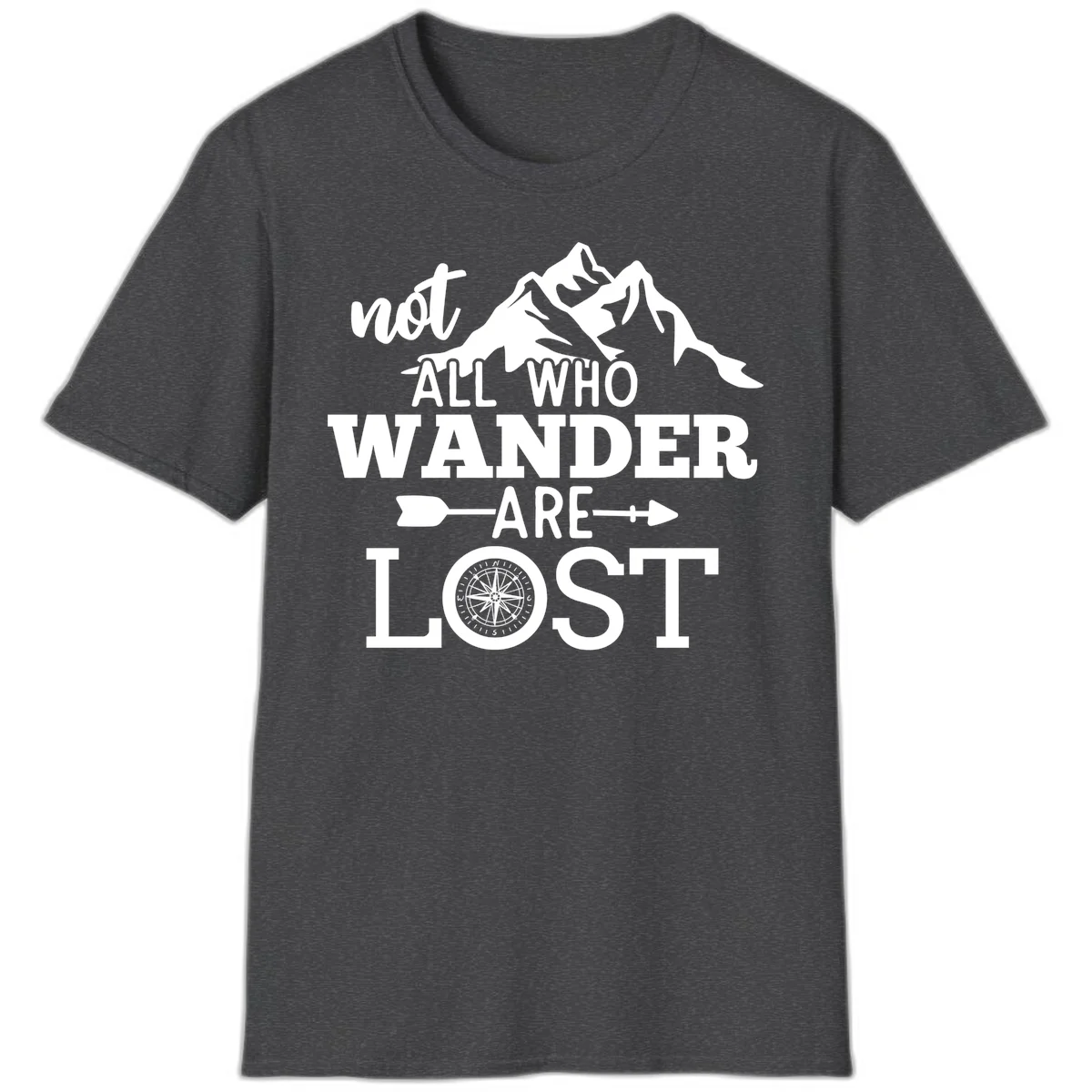 White mountain silhouette with compass rose and arrows, text reads 'not ALL WHO WANDER ARE LOST' on gray background in Dark Heather