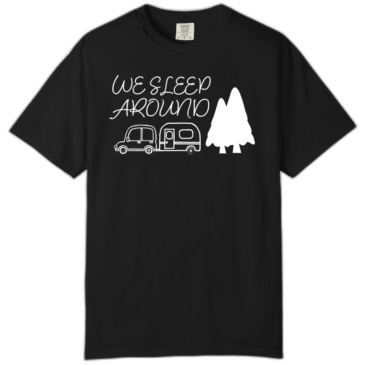 Line art design with 'We Sleep Around' text, car towing trailer, and evergreen tree on gray background in Black