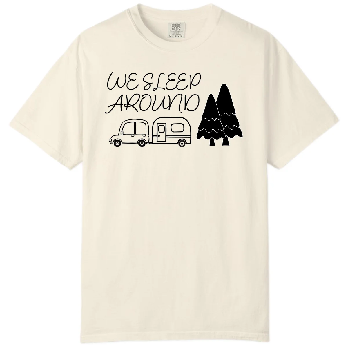 Line art design with 'We Sleep Around' text, car towing trailer, and evergreen tree on gray background in Ivory