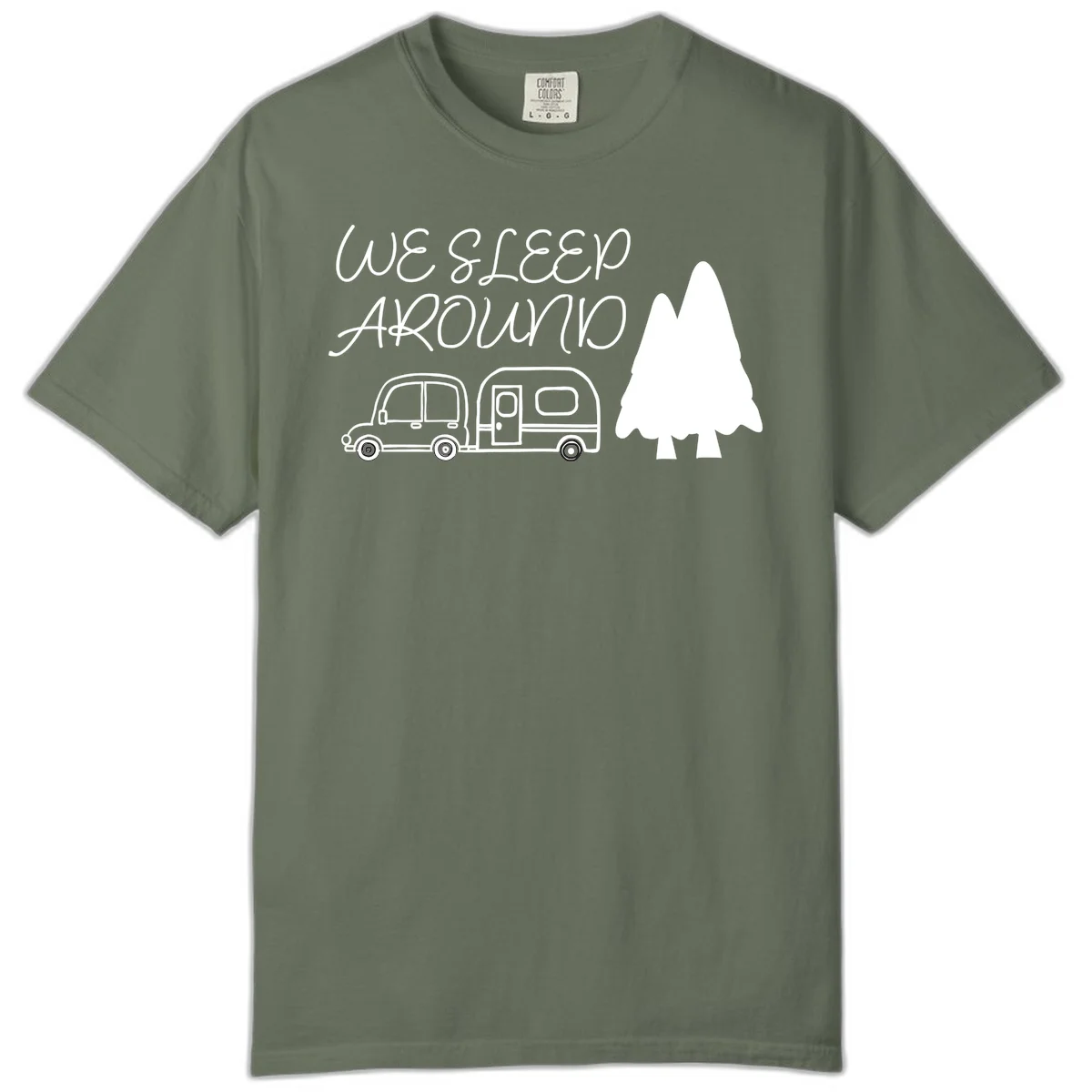 Line art design with 'We Sleep Around' text, car towing trailer, and evergreen tree on gray background in Moss
