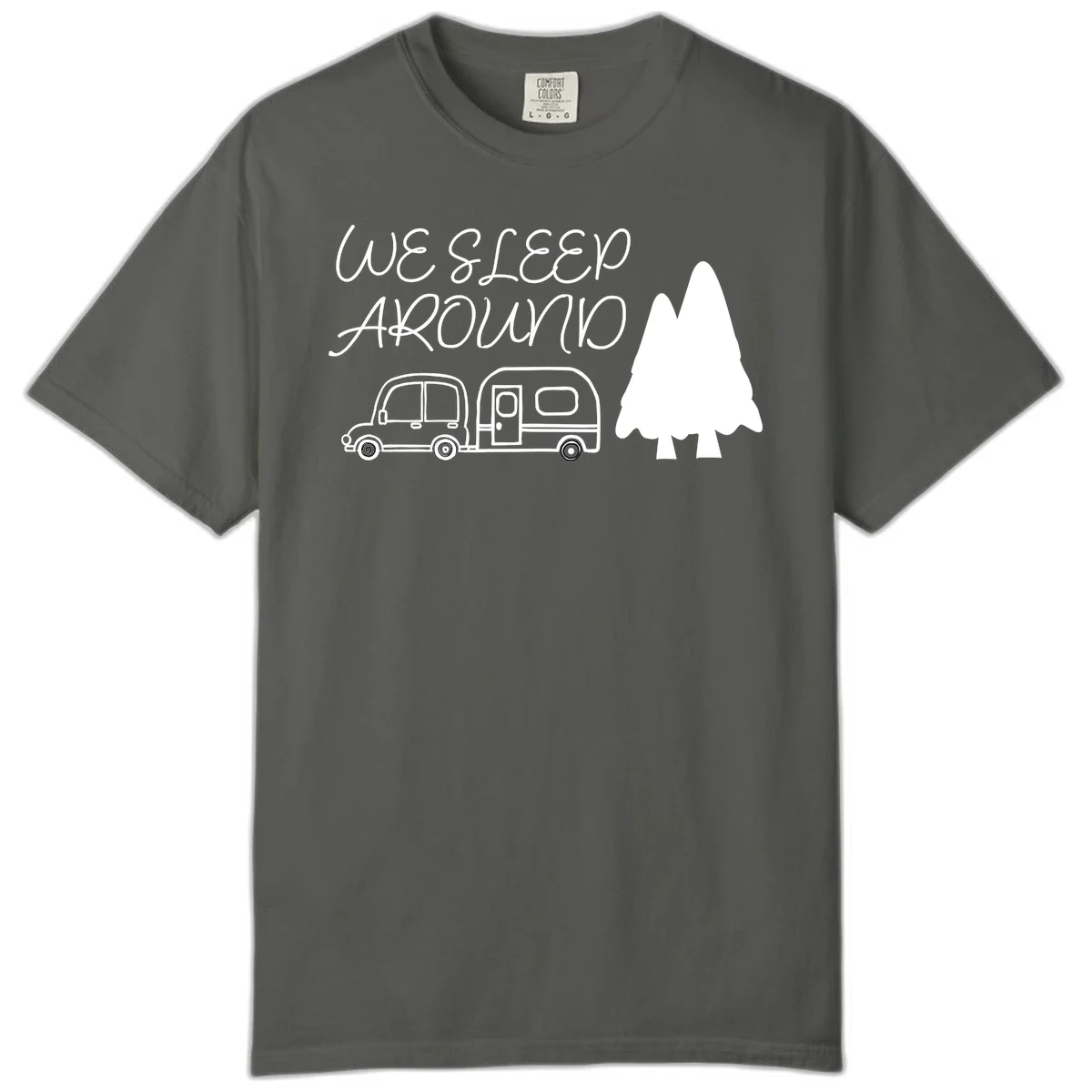 Line art design with 'We Sleep Around' text, car towing trailer, and evergreen tree on gray background in Pepper