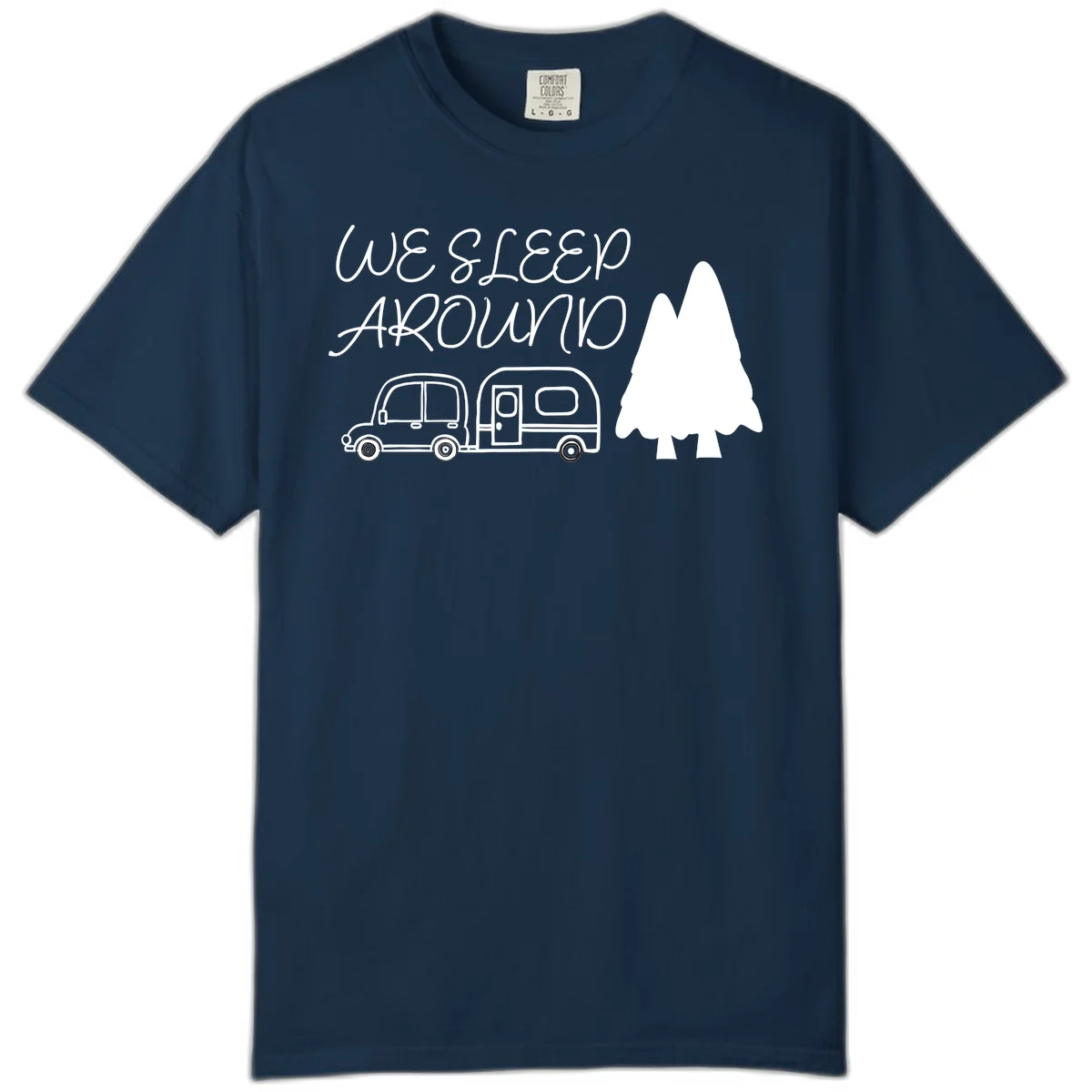 Line art design with 'We Sleep Around' text, car towing trailer, and evergreen tree on gray background in True Navy