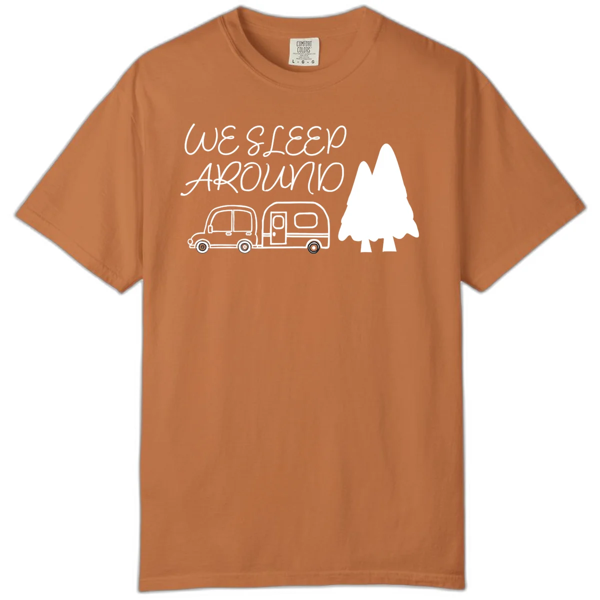Line art design with 'We Sleep Around' text, car towing trailer, and evergreen tree on gray background in Yam