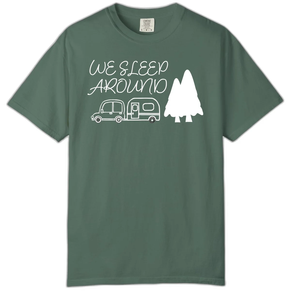 Line art design with 'We Sleep Around' text, car towing trailer, and evergreen tree on gray background in Blue Spruce