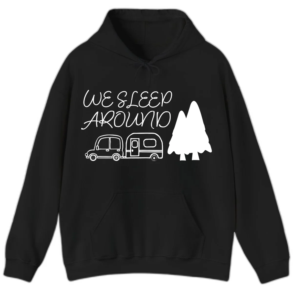 Line art design with 'We Sleep Around' text, car towing trailer, and evergreen tree on gray background in Black