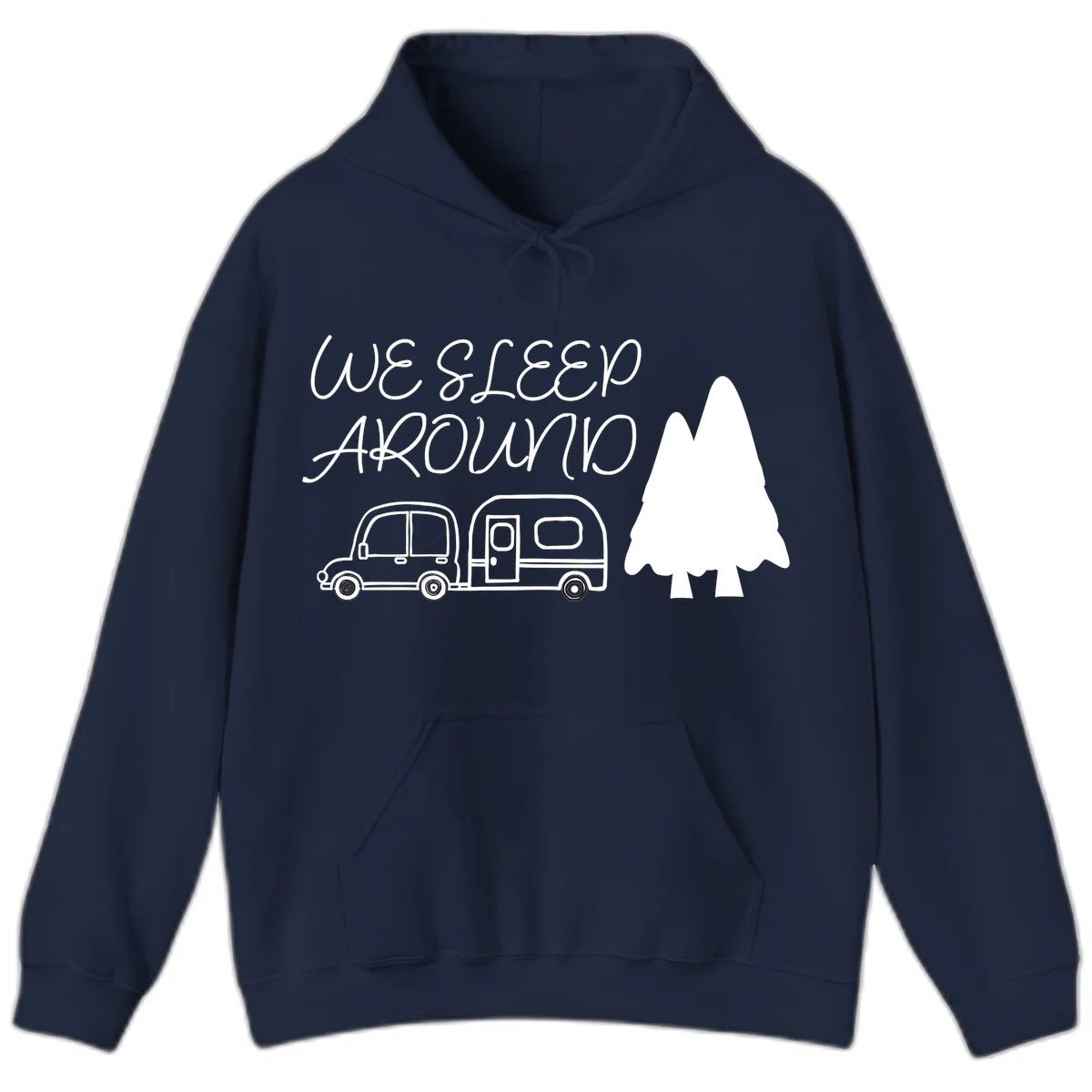 Line art design with 'We Sleep Around' text, car towing trailer, and evergreen tree on gray background in Navy