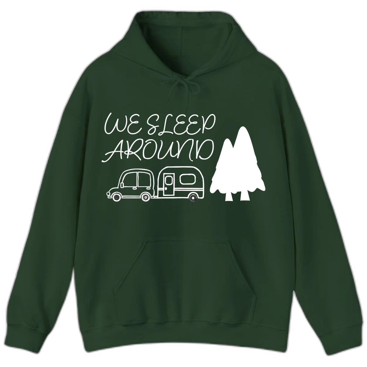 Line art design with 'We Sleep Around' text, car towing trailer, and evergreen tree on gray background in Forest Green