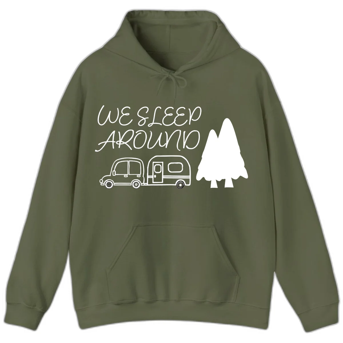 Line art design with 'We Sleep Around' text, car towing trailer, and evergreen tree on gray background in Military Green