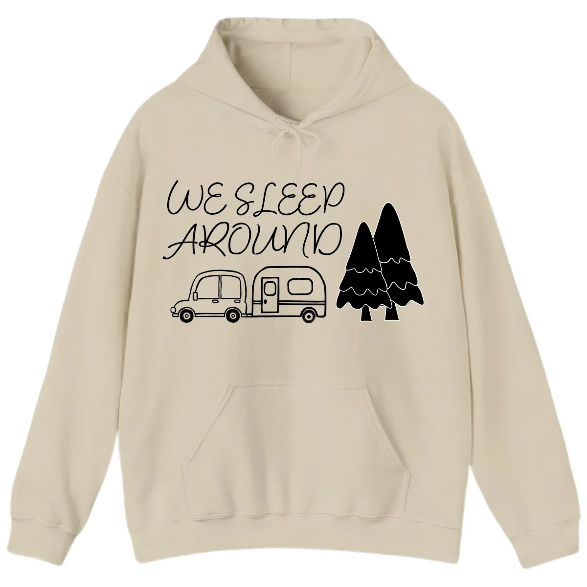 Line art design with 'We Sleep Around' text, car towing trailer, and evergreen tree on gray background in Sand