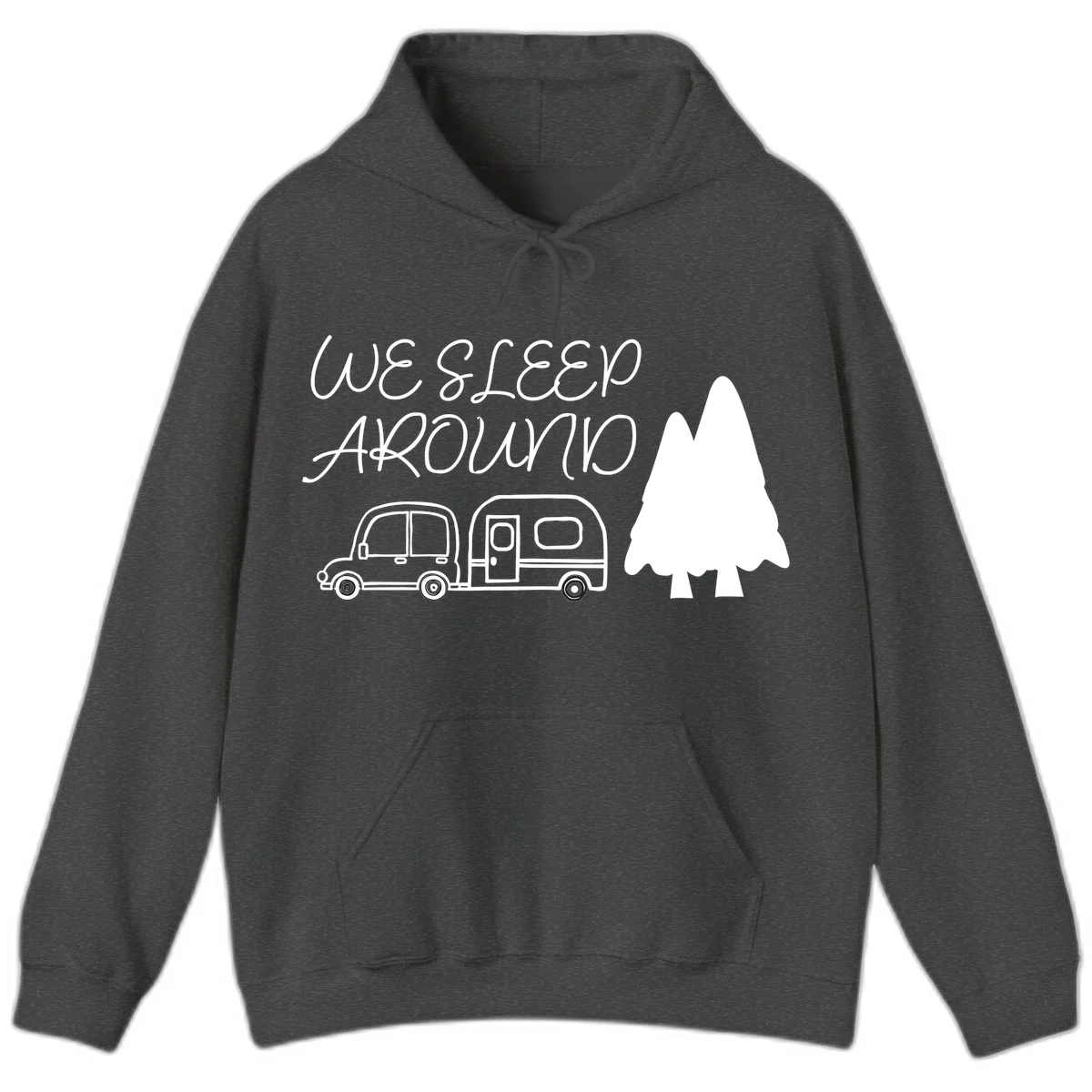 Line art design with 'We Sleep Around' text, car towing trailer, and evergreen tree on gray background in Dark Heather
