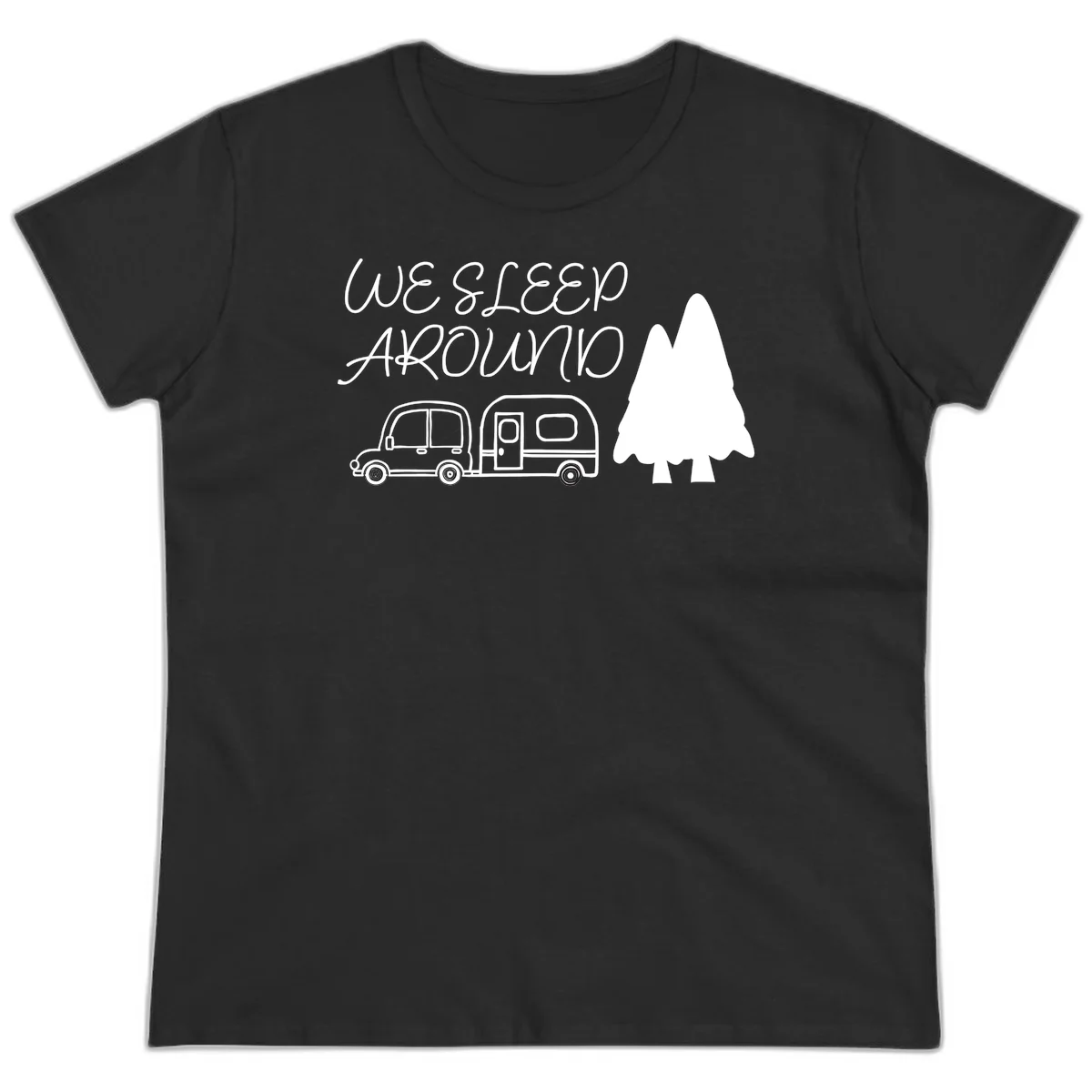 Line art design with 'We Sleep Around' text, car towing trailer, and evergreen tree on gray background in Black
