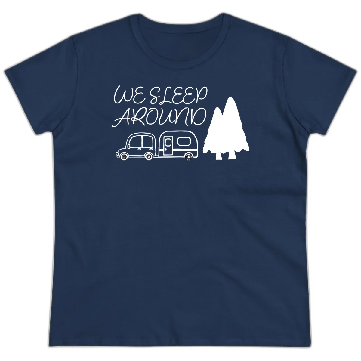 Line art design with 'We Sleep Around' text, car towing trailer, and evergreen tree on gray background in Navy