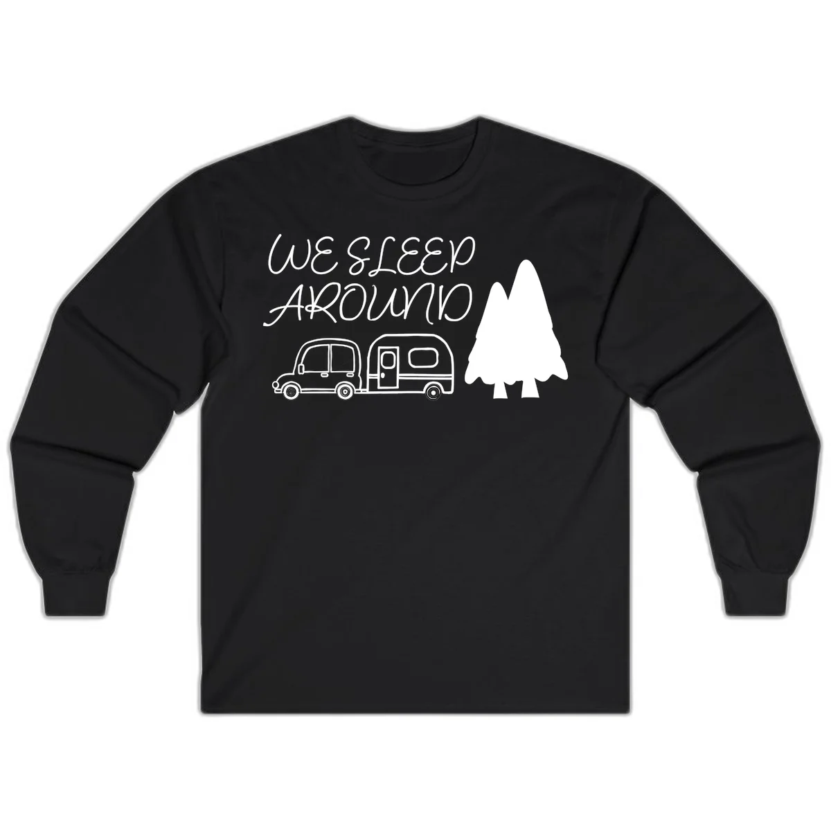 Line art design with 'We Sleep Around' text, car towing trailer, and evergreen tree on gray background in Black