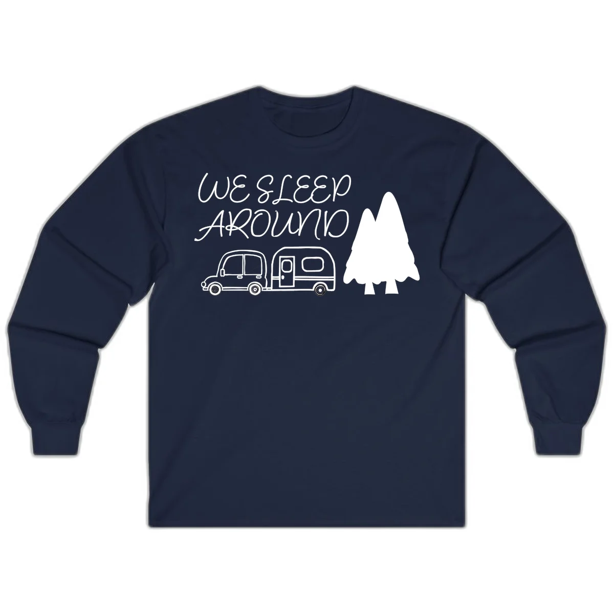 Line art design with 'We Sleep Around' text, car towing trailer, and evergreen tree on gray background in Navy