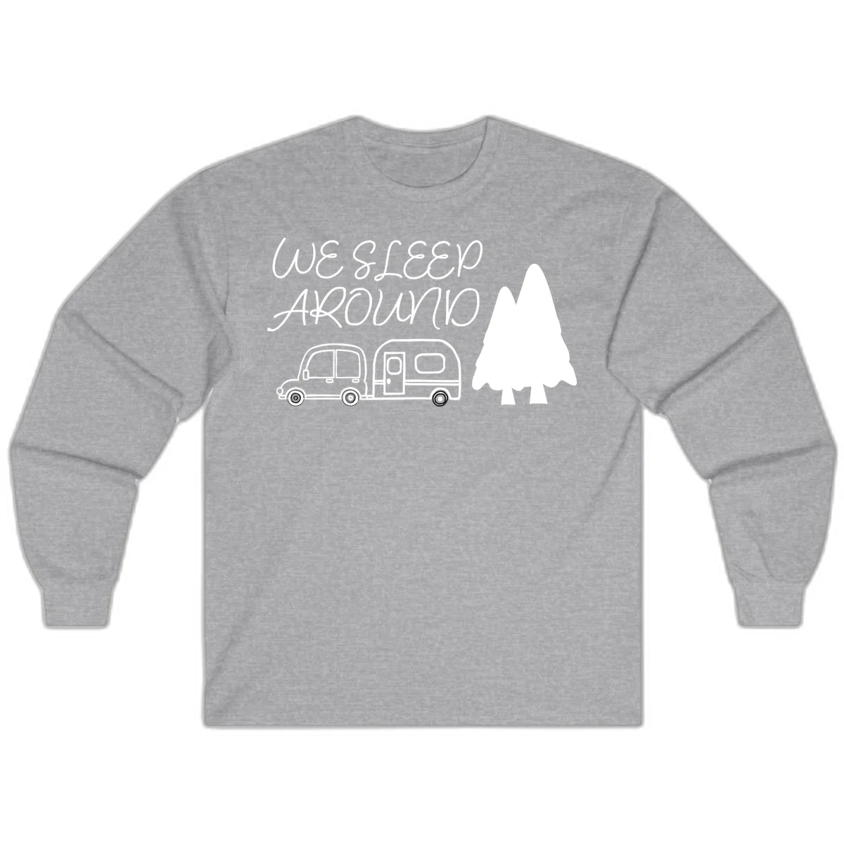 Line art design with 'We Sleep Around' text, car towing trailer, and evergreen tree on gray background in Sport Grey