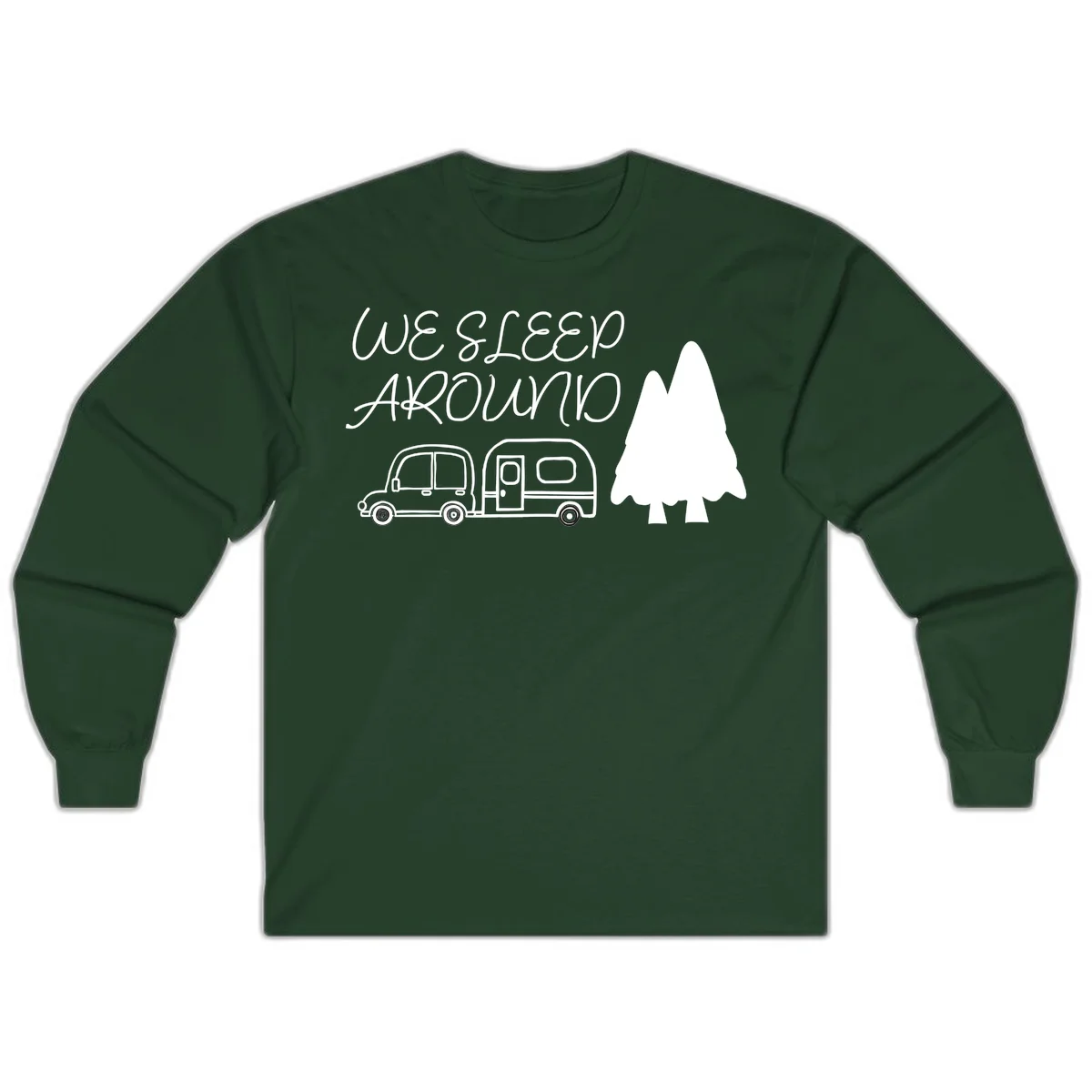 Line art design with 'We Sleep Around' text, car towing trailer, and evergreen tree on gray background in Forest Green