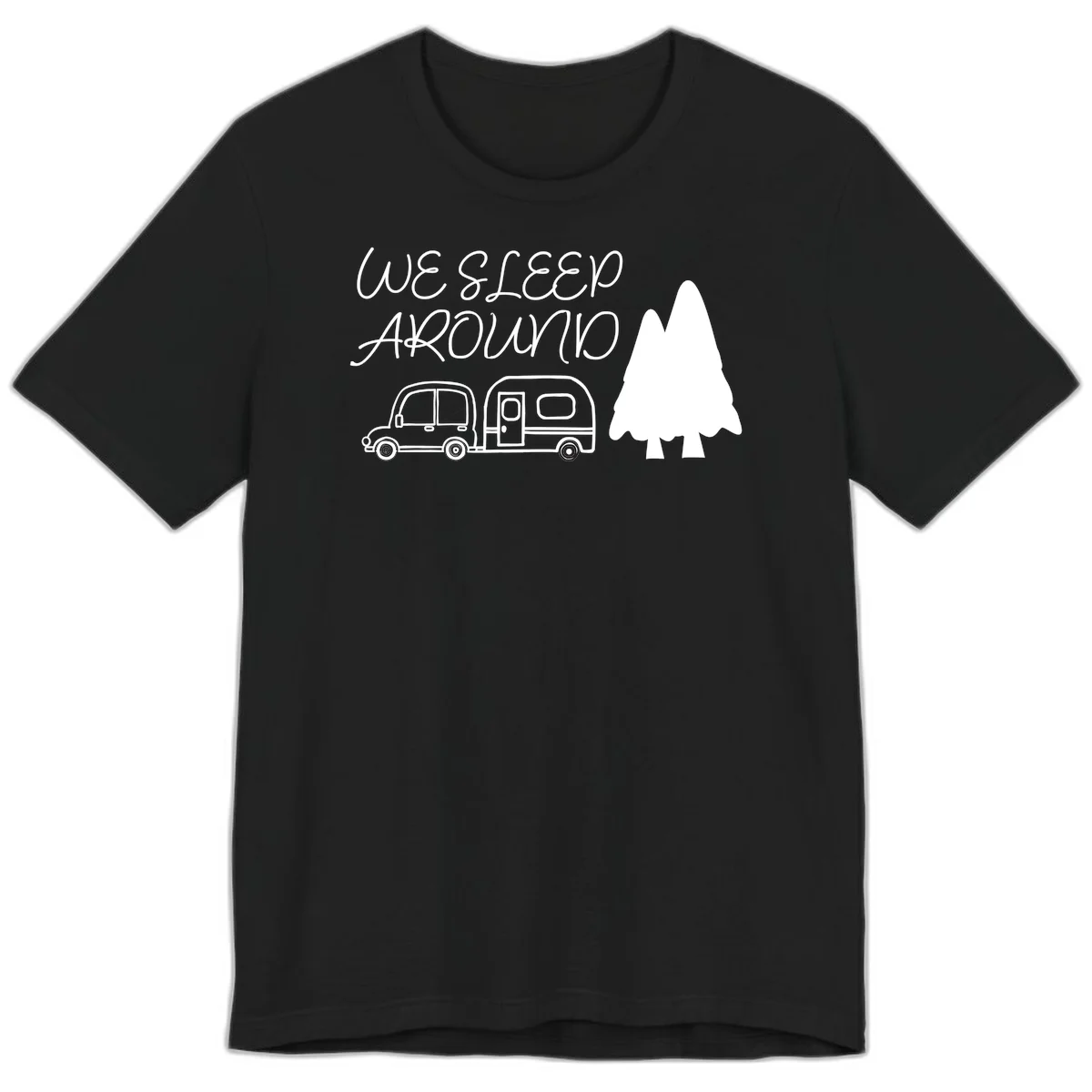 Line art design with 'We Sleep Around' text, car towing trailer, and evergreen tree on gray background in Black