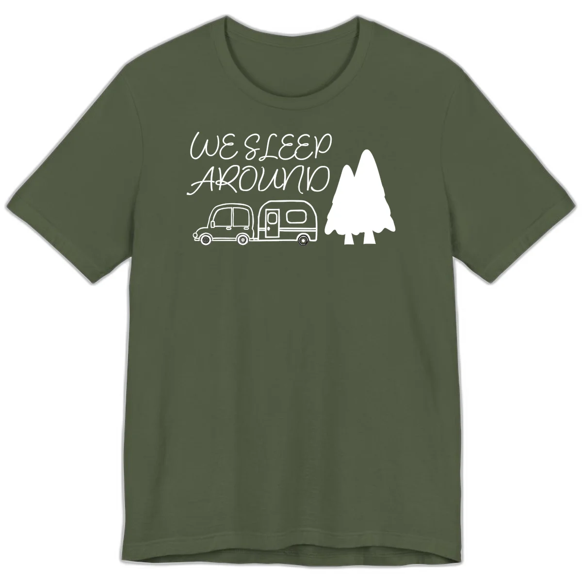 Line art design with 'We Sleep Around' text, car towing trailer, and evergreen tree on gray background in Military Green