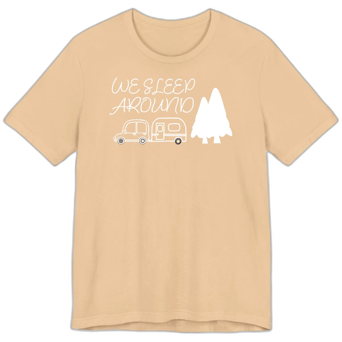 Line art design with 'We Sleep Around' text, car towing trailer, and evergreen tree on gray background in Sand Dune