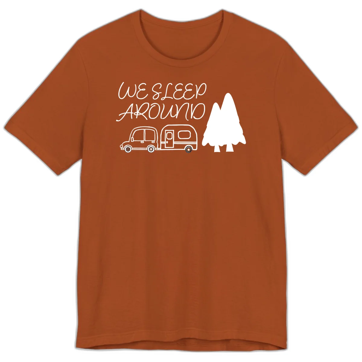 Line art design with 'We Sleep Around' text, car towing trailer, and evergreen tree on gray background in Autumn