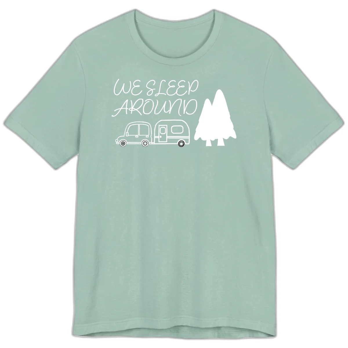 Line art design with 'We Sleep Around' text, car towing trailer, and evergreen tree on gray background in Dusty Blue