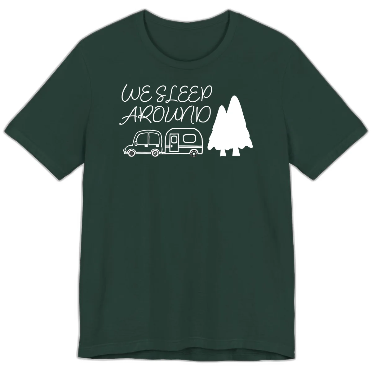 Line art design with 'We Sleep Around' text, car towing trailer, and evergreen tree on gray background in Forest