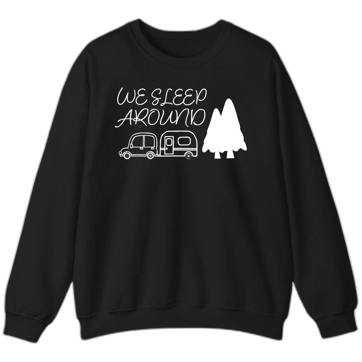 Line art design with 'We Sleep Around' text, car towing trailer, and evergreen tree on gray background in Black