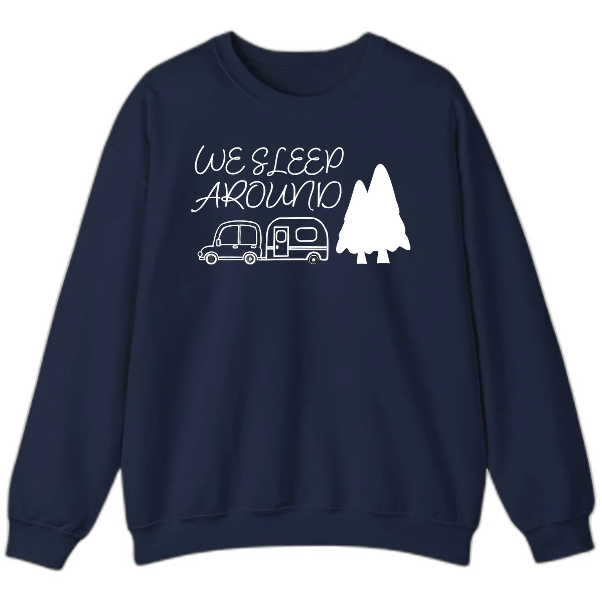 Line art design with 'We Sleep Around' text, car towing trailer, and evergreen tree on gray background in Navy