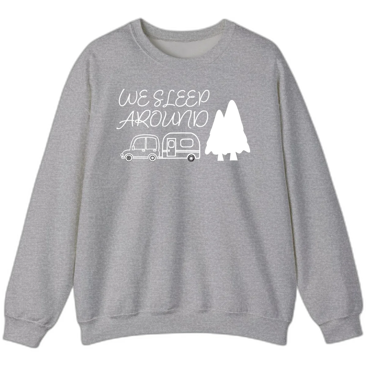 Line art design with 'We Sleep Around' text, car towing trailer, and evergreen tree on gray background in Sport Grey
