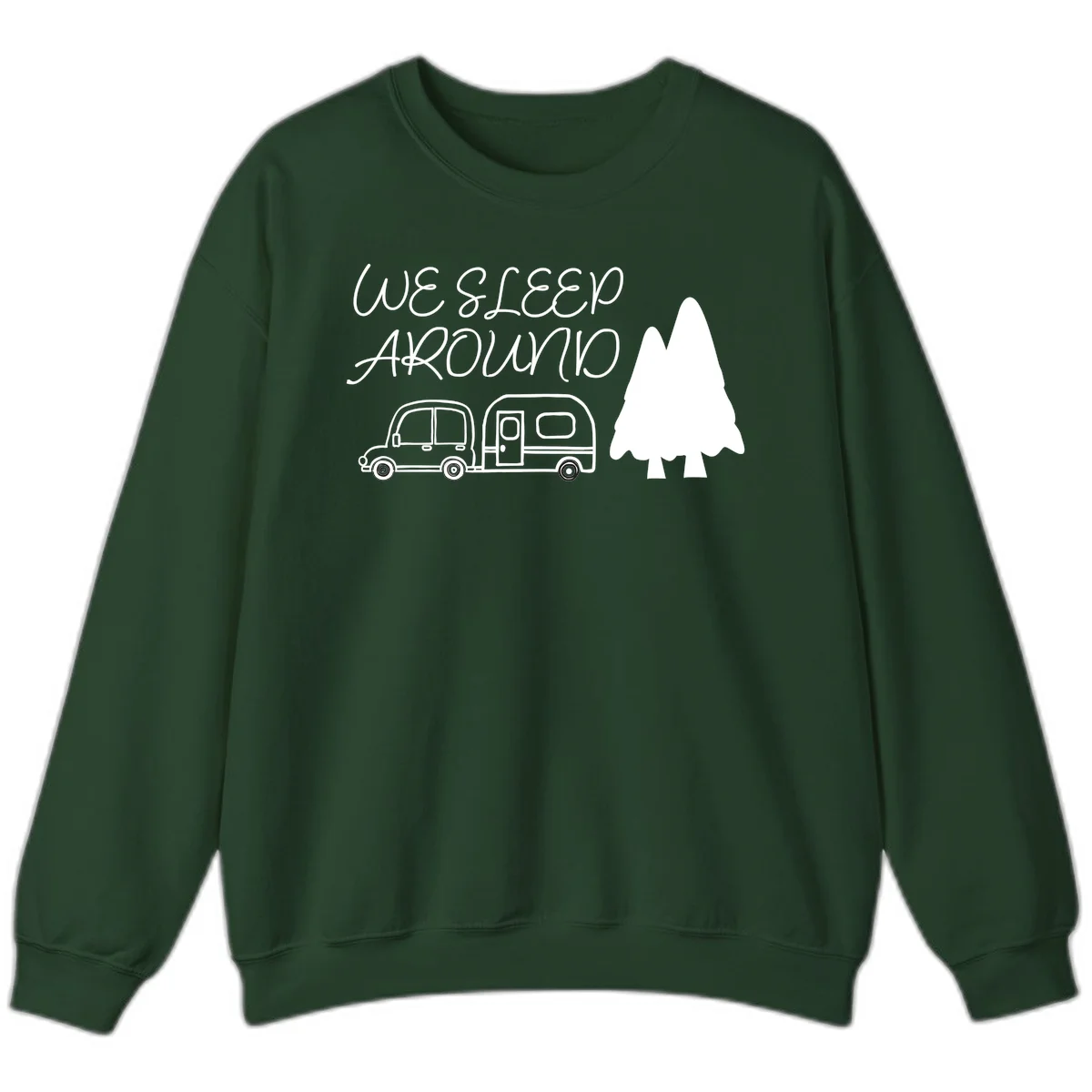 Line art design with 'We Sleep Around' text, car towing trailer, and evergreen tree on gray background in Forest Green