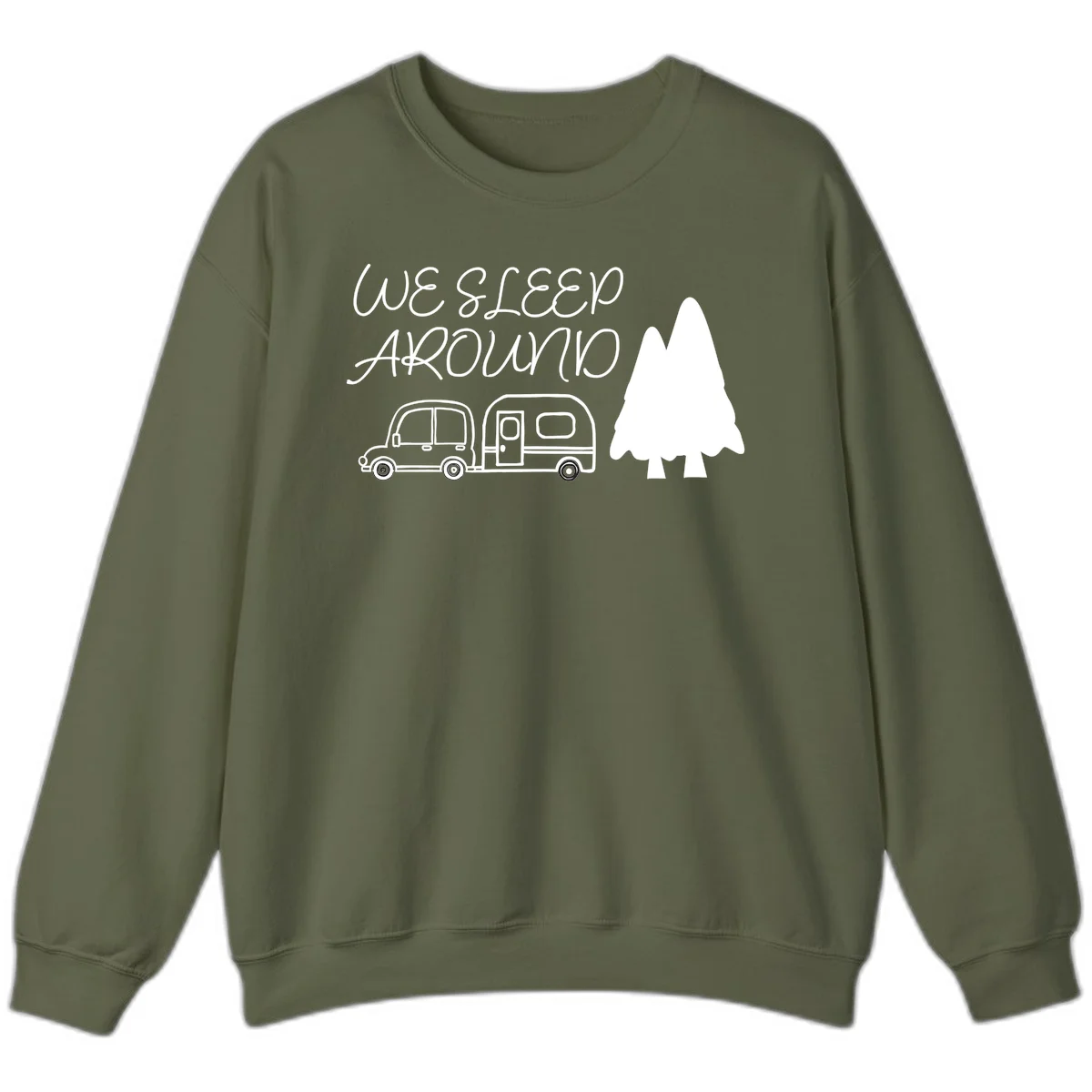 Line art design with 'We Sleep Around' text, car towing trailer, and evergreen tree on gray background in Military Green