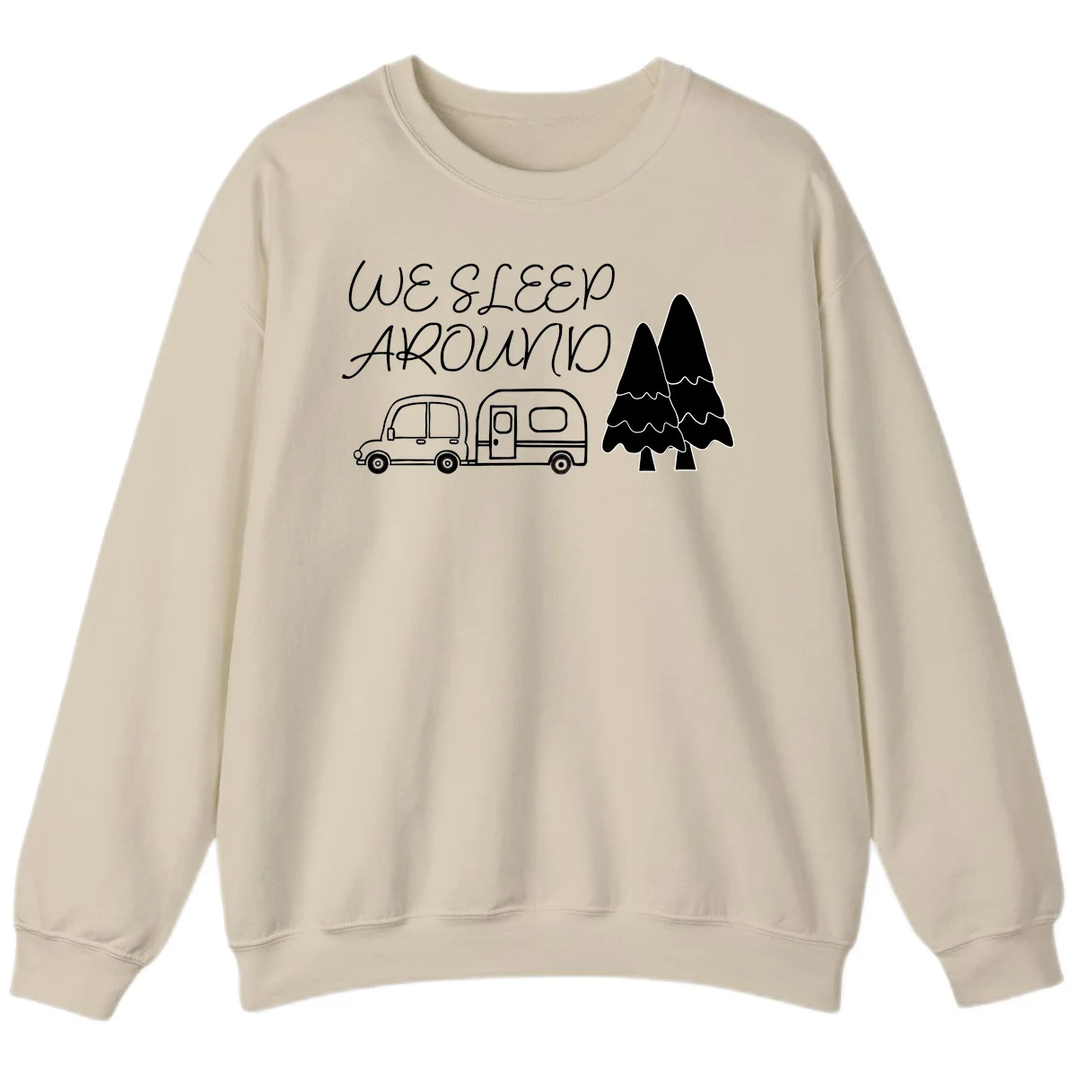 Line art design with 'We Sleep Around' text, car towing trailer, and evergreen tree on gray background in Sand