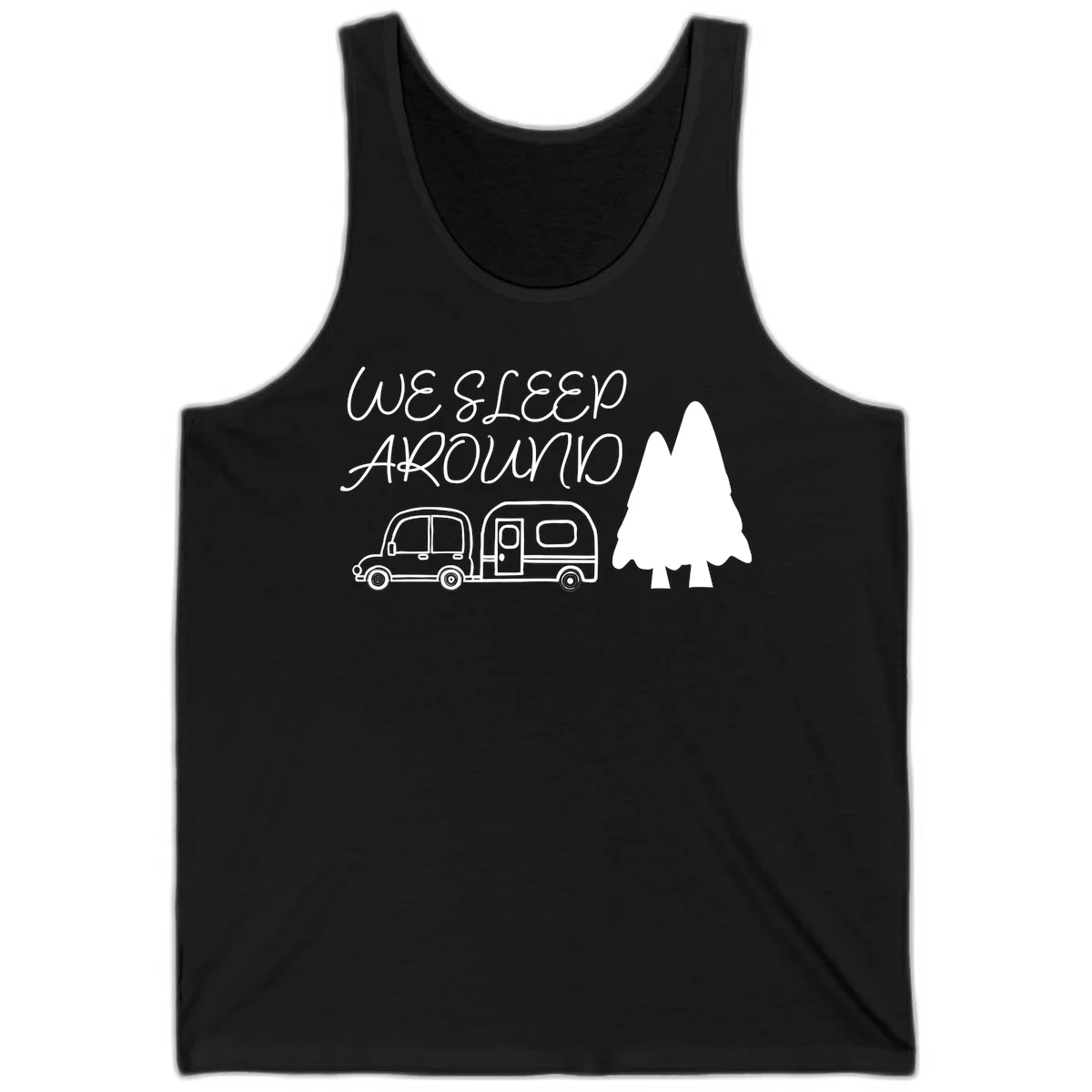 Line art design with 'We Sleep Around' text, car towing trailer, and evergreen tree on gray background in Black