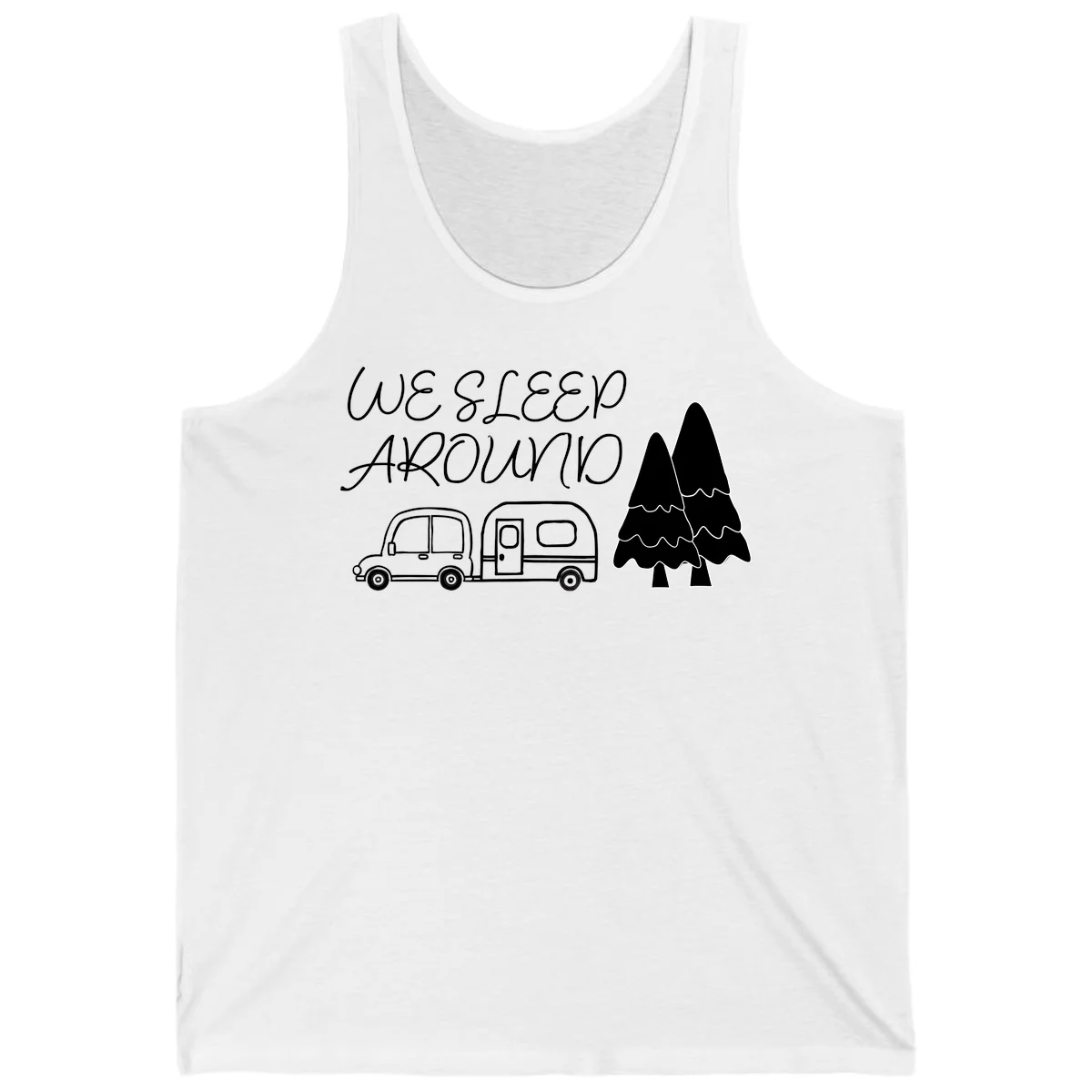 Line art design with 'We Sleep Around' text, car towing trailer, and evergreen tree on gray background in White