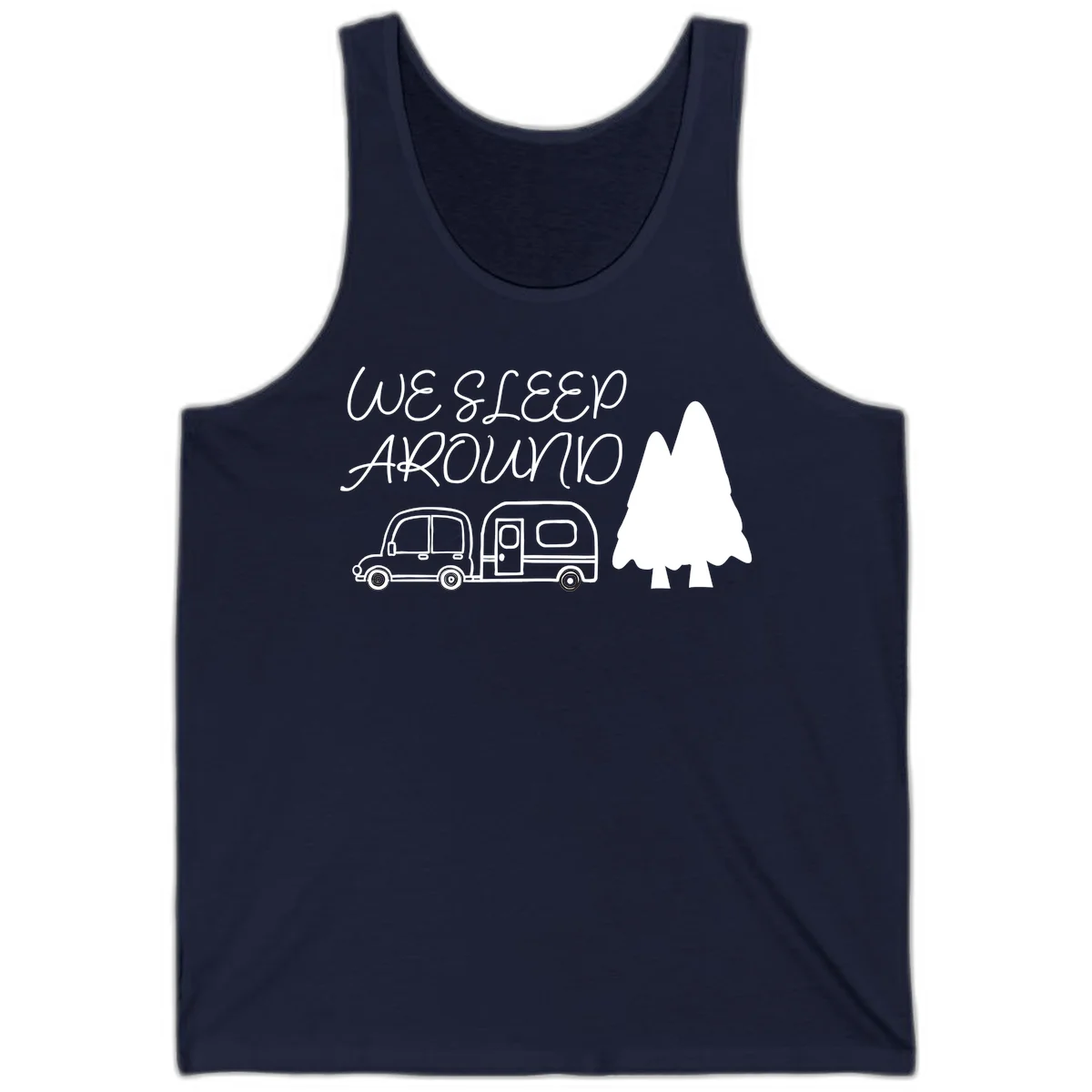Line art design with 'We Sleep Around' text, car towing trailer, and evergreen tree on gray background in Navy