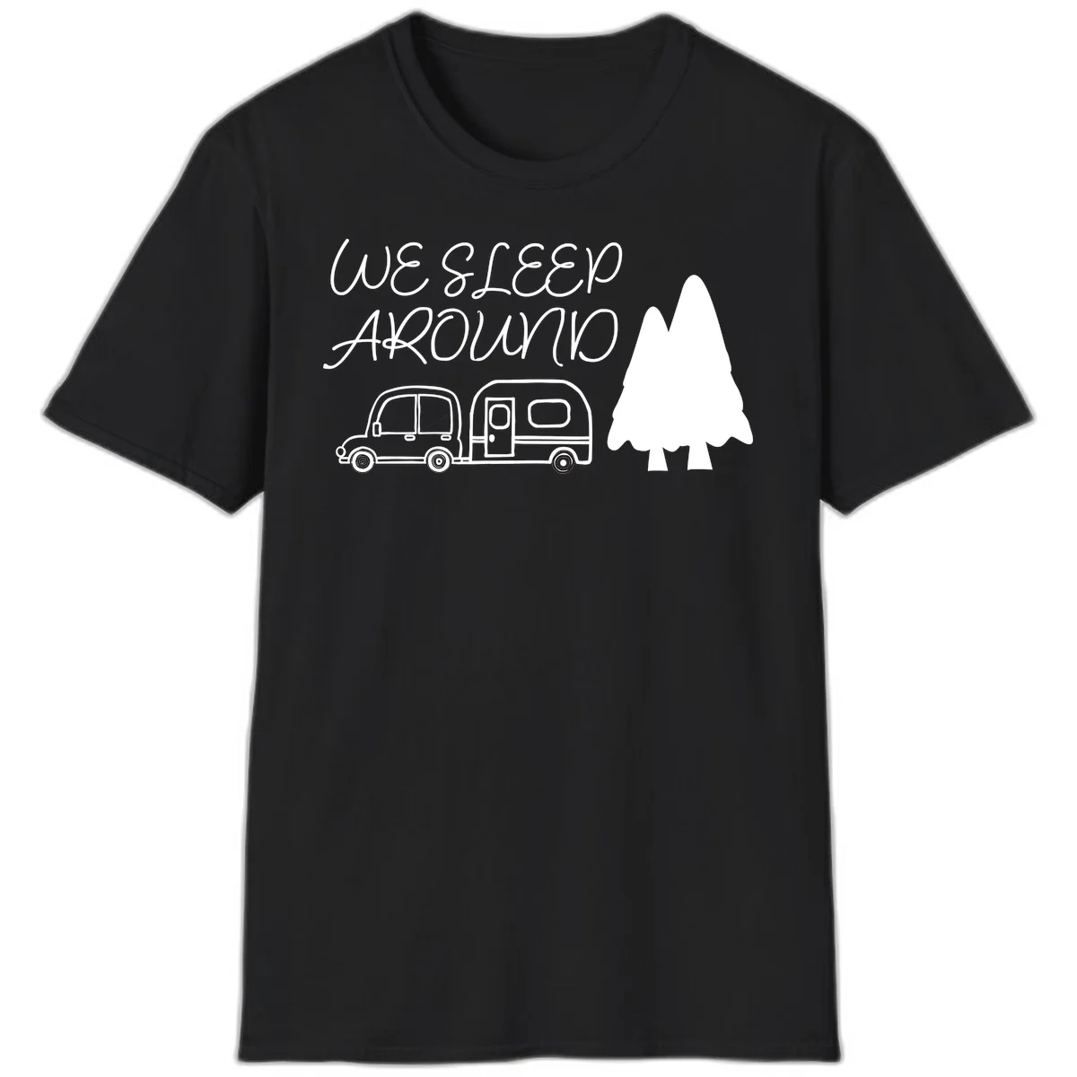 Line art design with 'We Sleep Around' text, car towing trailer, and evergreen tree on gray background in Black