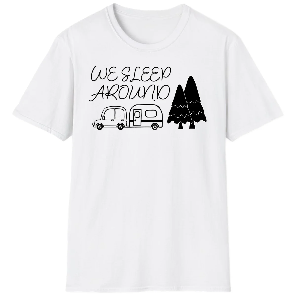 Line art design with 'We Sleep Around' text, car towing trailer, and evergreen tree on gray background in White