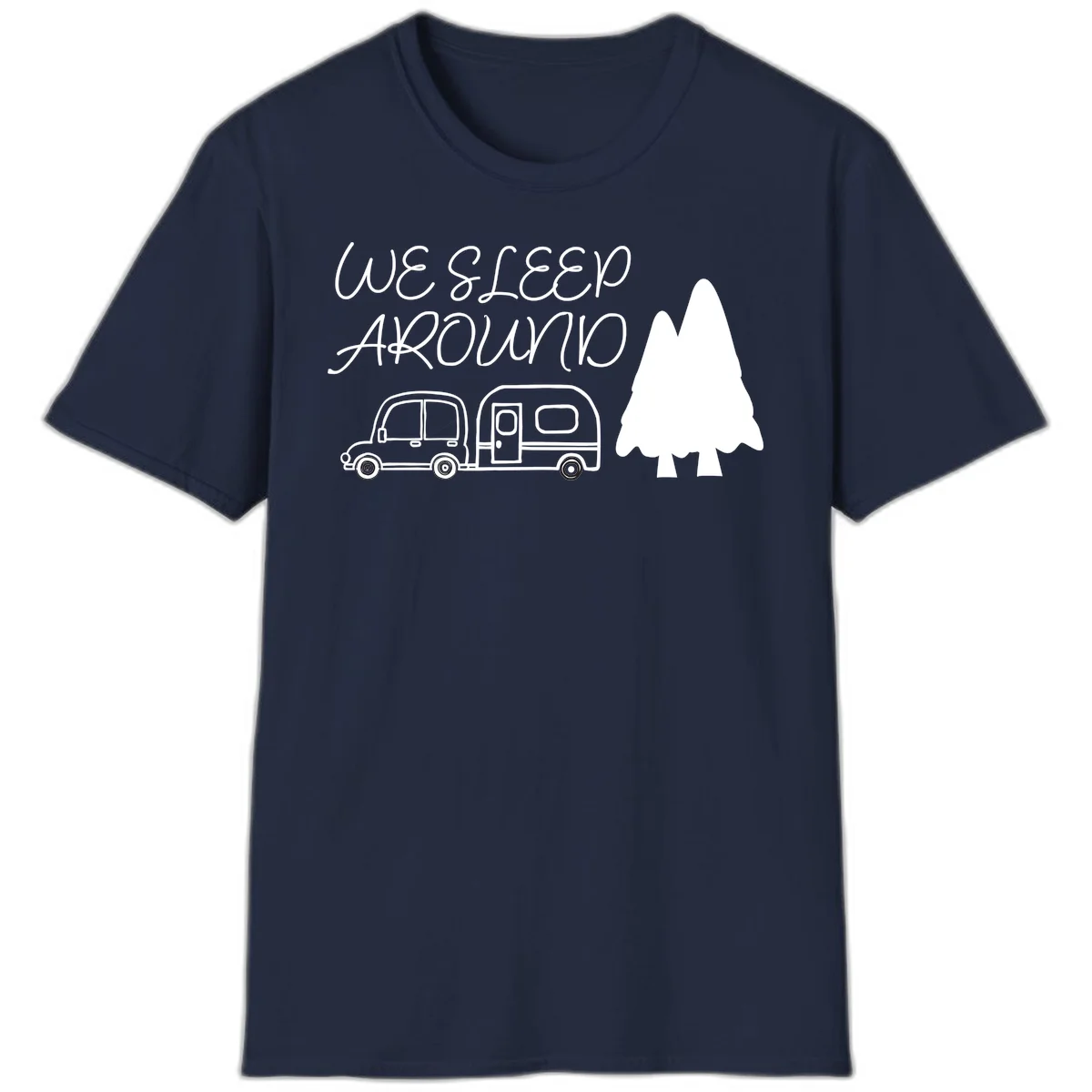 Line art design with 'We Sleep Around' text, car towing trailer, and evergreen tree on gray background in Navy