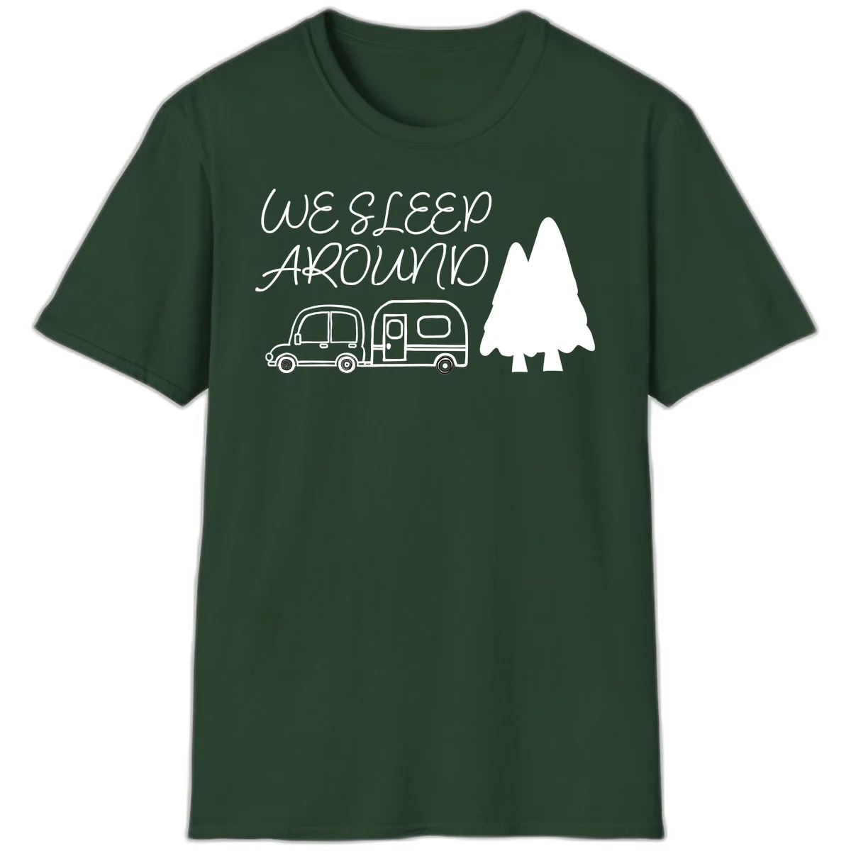 Line art design with 'We Sleep Around' text, car towing trailer, and evergreen tree on gray background in Forest Green
