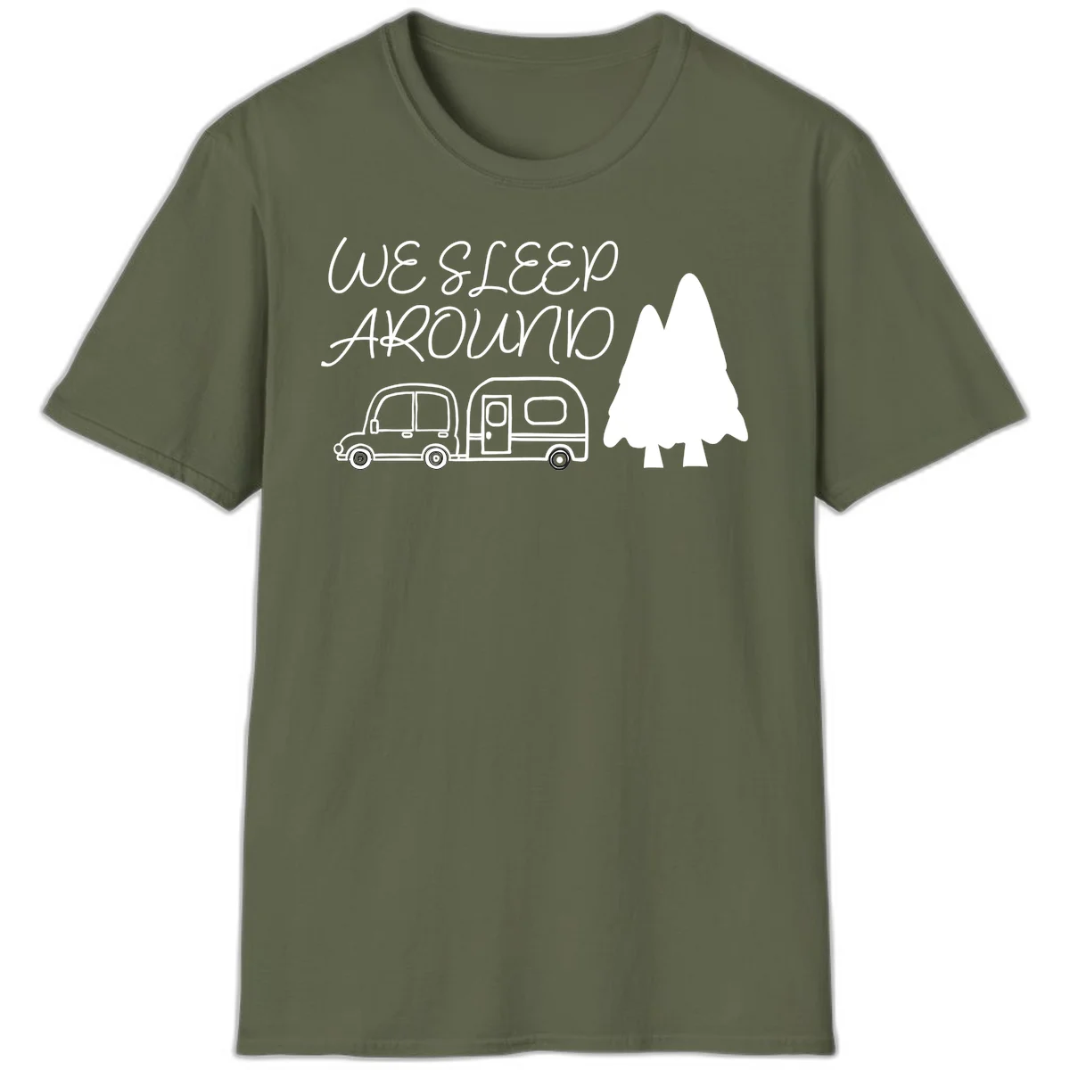 Line art design with 'We Sleep Around' text, car towing trailer, and evergreen tree on gray background in Military Green