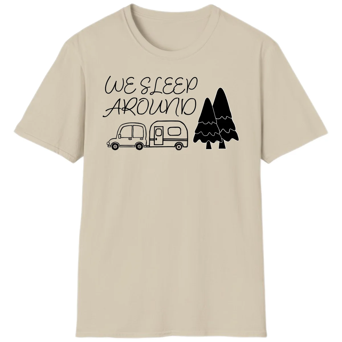 Line art design with 'We Sleep Around' text, car towing trailer, and evergreen tree on gray background in Sand