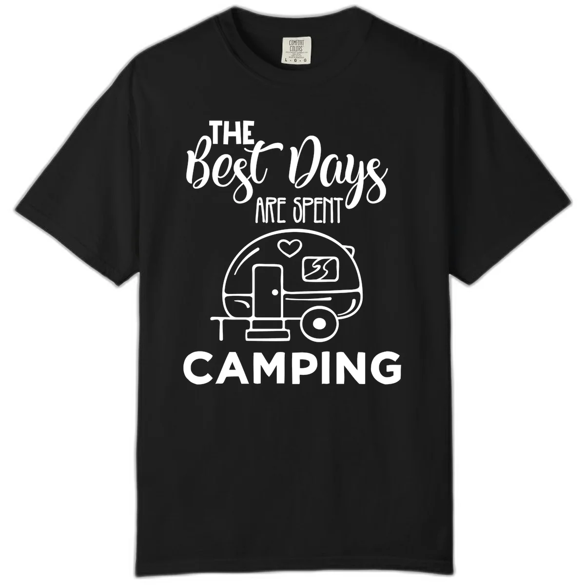 Best days camping design with vintage travel trailer, heart, and picnic table illustration with text in Black