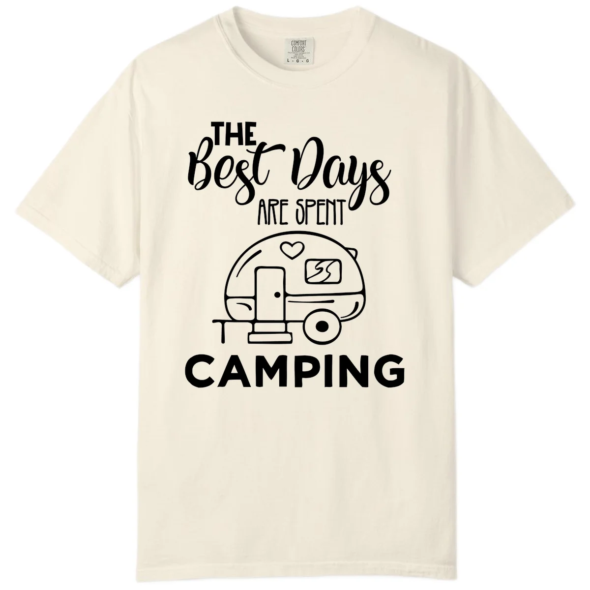 Best days camping design with vintage travel trailer, heart, and picnic table illustration with text in Ivory