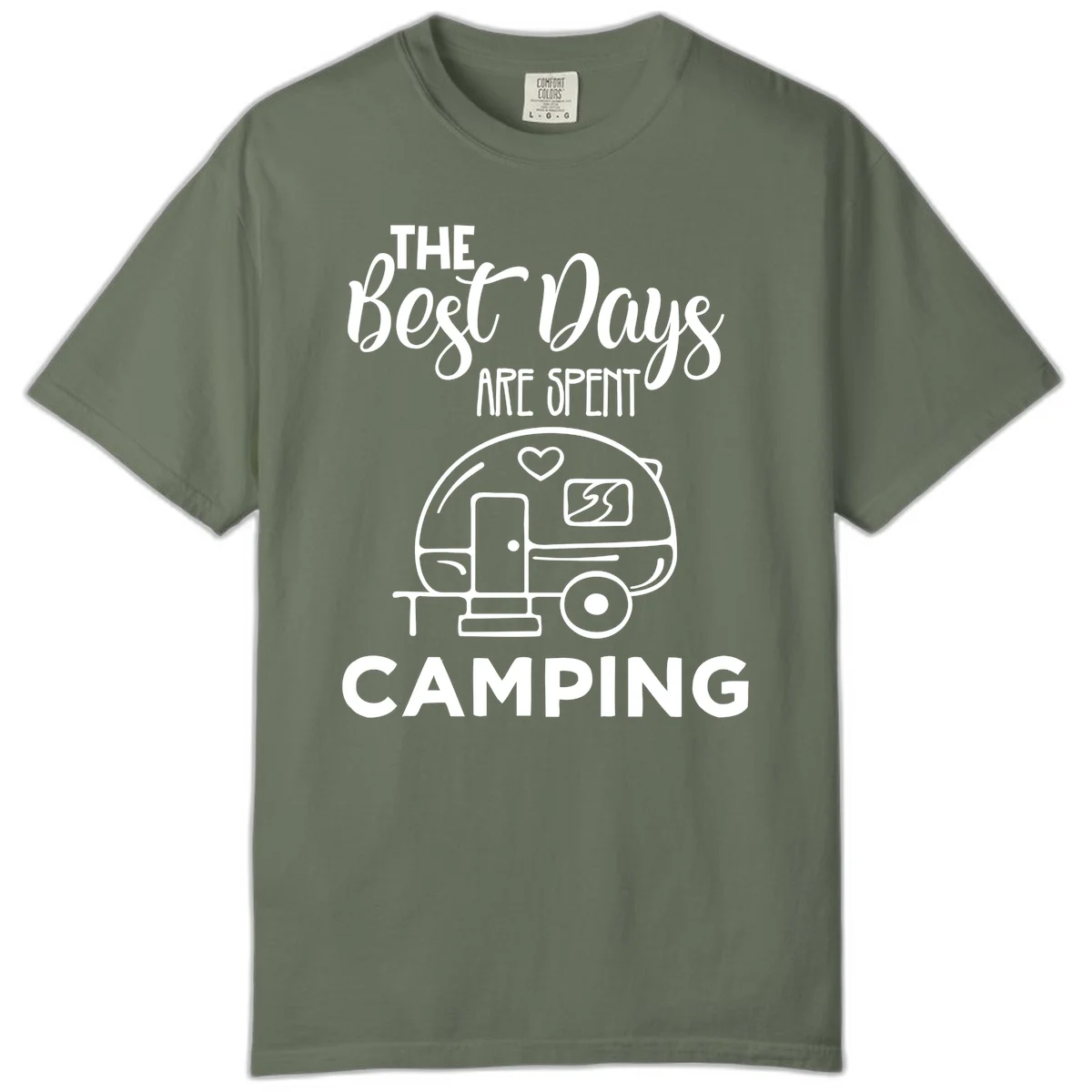 Best days camping design with vintage travel trailer, heart, and picnic table illustration with text in Moss