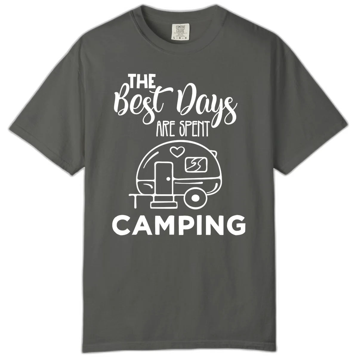 Best days camping design with vintage travel trailer, heart, and picnic table illustration with text in Pepper